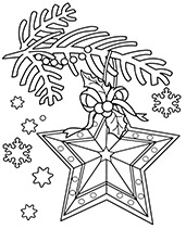 Zimowo-świąteczna grafika: gwiazda, gałązka iglaka, gwiazdki i śnieżynki